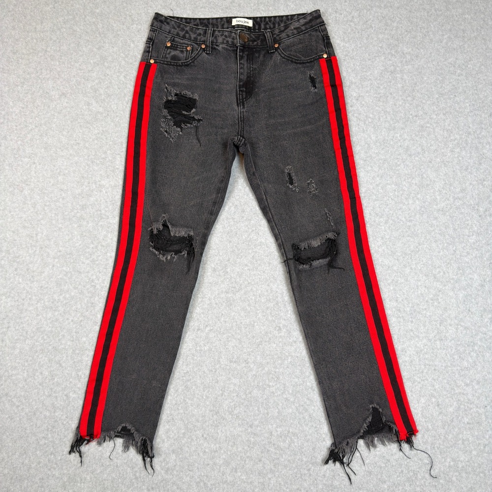 Boujee Distressed Ripped Black Denim Ankle Jeans Red Side Stripe Size S Grunge